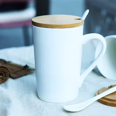 Ceramic Mug with Wooden Lid & Coaster - alternate view