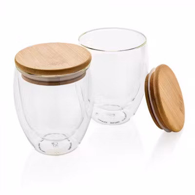 Double Wall Glass Mug with Bamboo Lid