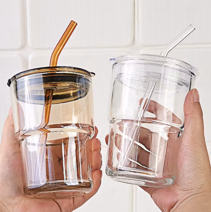 Glass Cup Tumbler with Straw - 400ml
