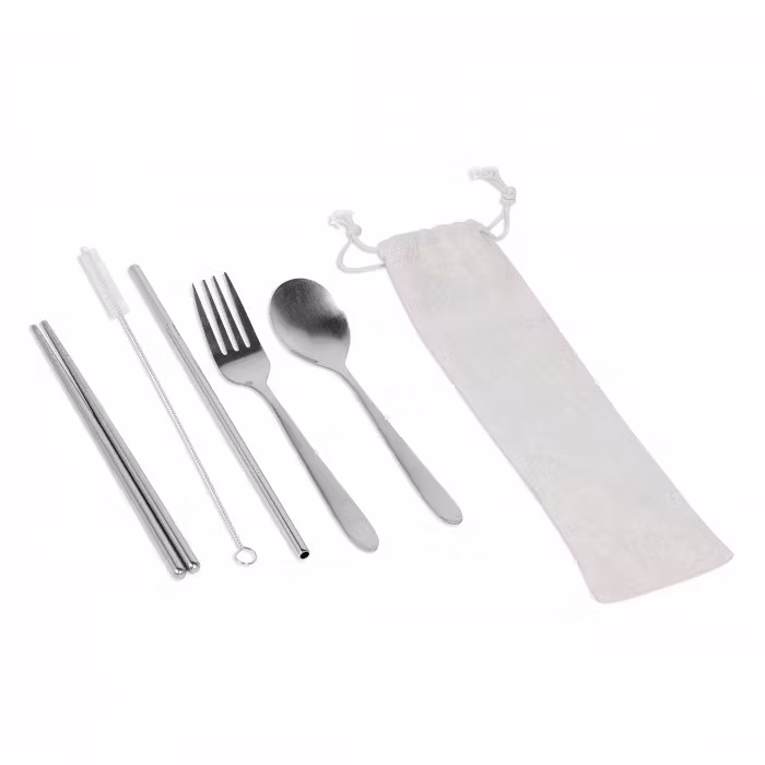 Stainless Steel Cutlery Set with Straw in Canvas Pouch